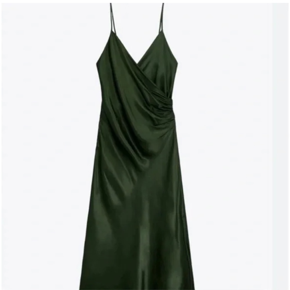 Zara Olive Green Satin Effect Midi Dress